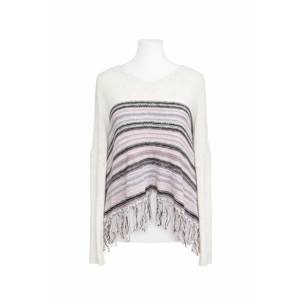 ONeill Erin Striped Hooded Fringe Knit Sweater White Purple Boho FA6417010 XS/S
